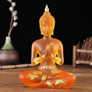 BUDDHA STATUE-ORANGE Clear Glaze Crystal-Resin-4.5"-Shakyamuni+Gold with Accents
